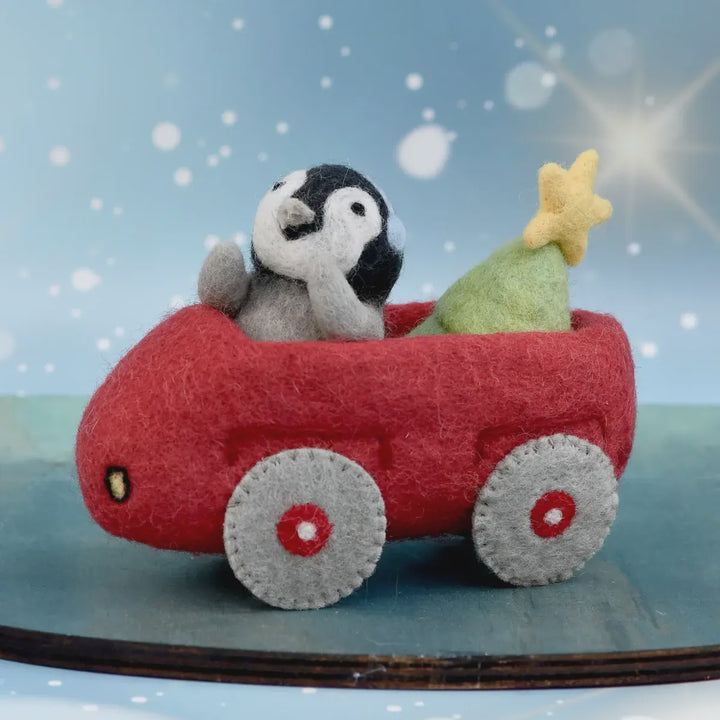 Tara Treasures Felt Penguin in Toy Car and Christmas Tree