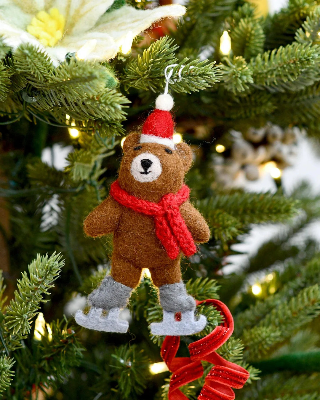 Tara Treasures Felt Brown Bear with Ice Skates Ornament