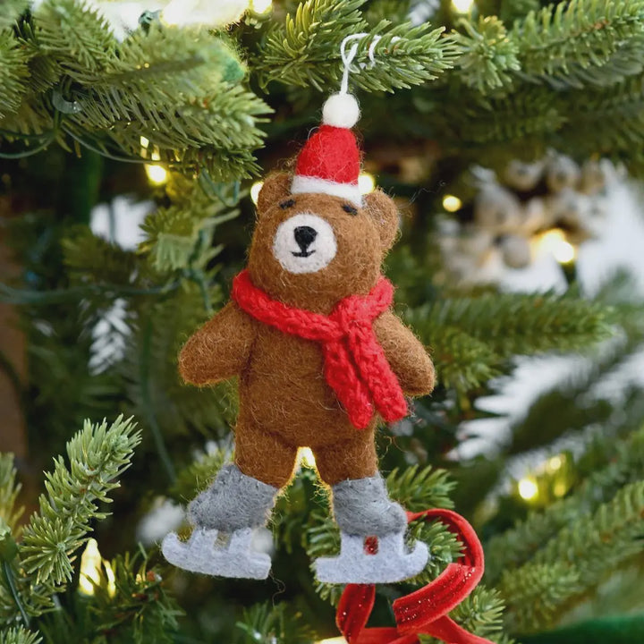 Tara Treasures Felt Brown Bear with Ice Skates Ornament