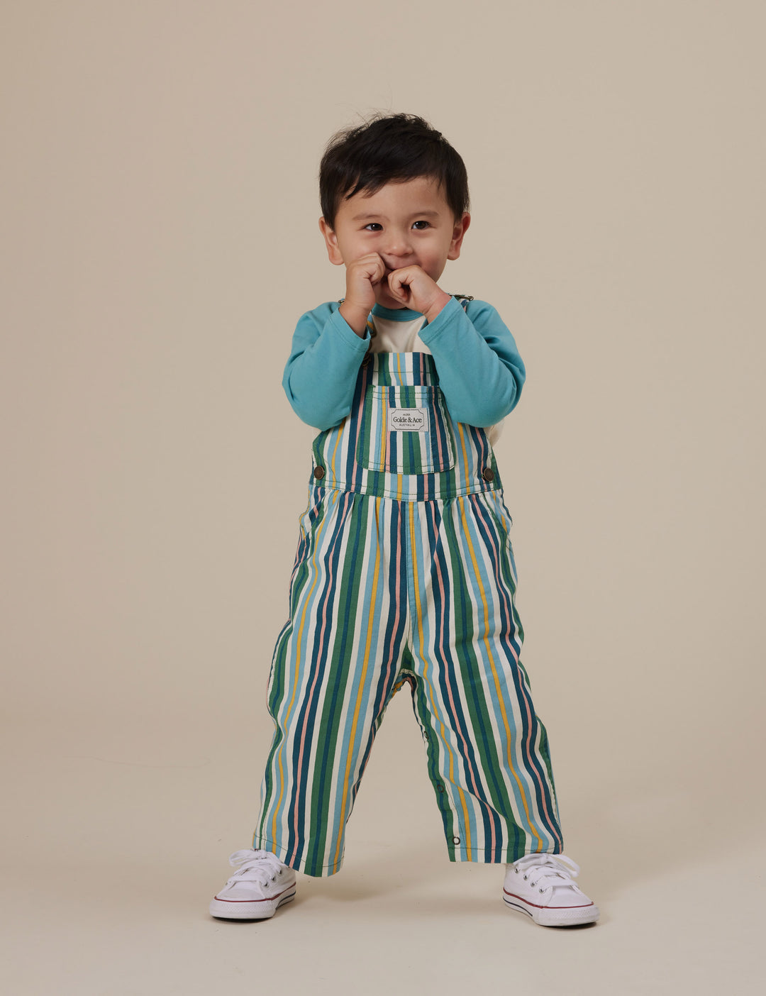 Goldie + Ace Austin Evergreen Stripe Denim Overalls