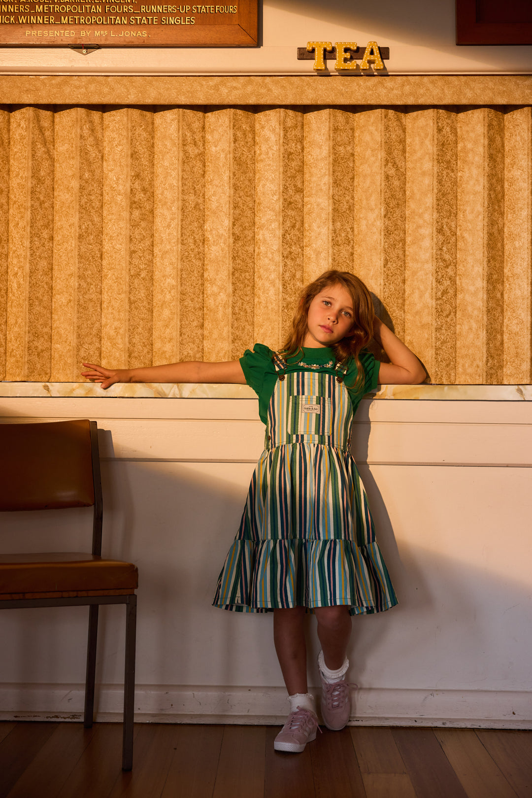 Goldie + Ace Tully Tiered Pinafore Dress Stripe Evergreen Stripe