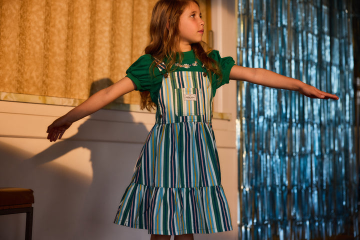 Goldie + Ace Tully Tiered Pinafore Dress Stripe Evergreen Stripe