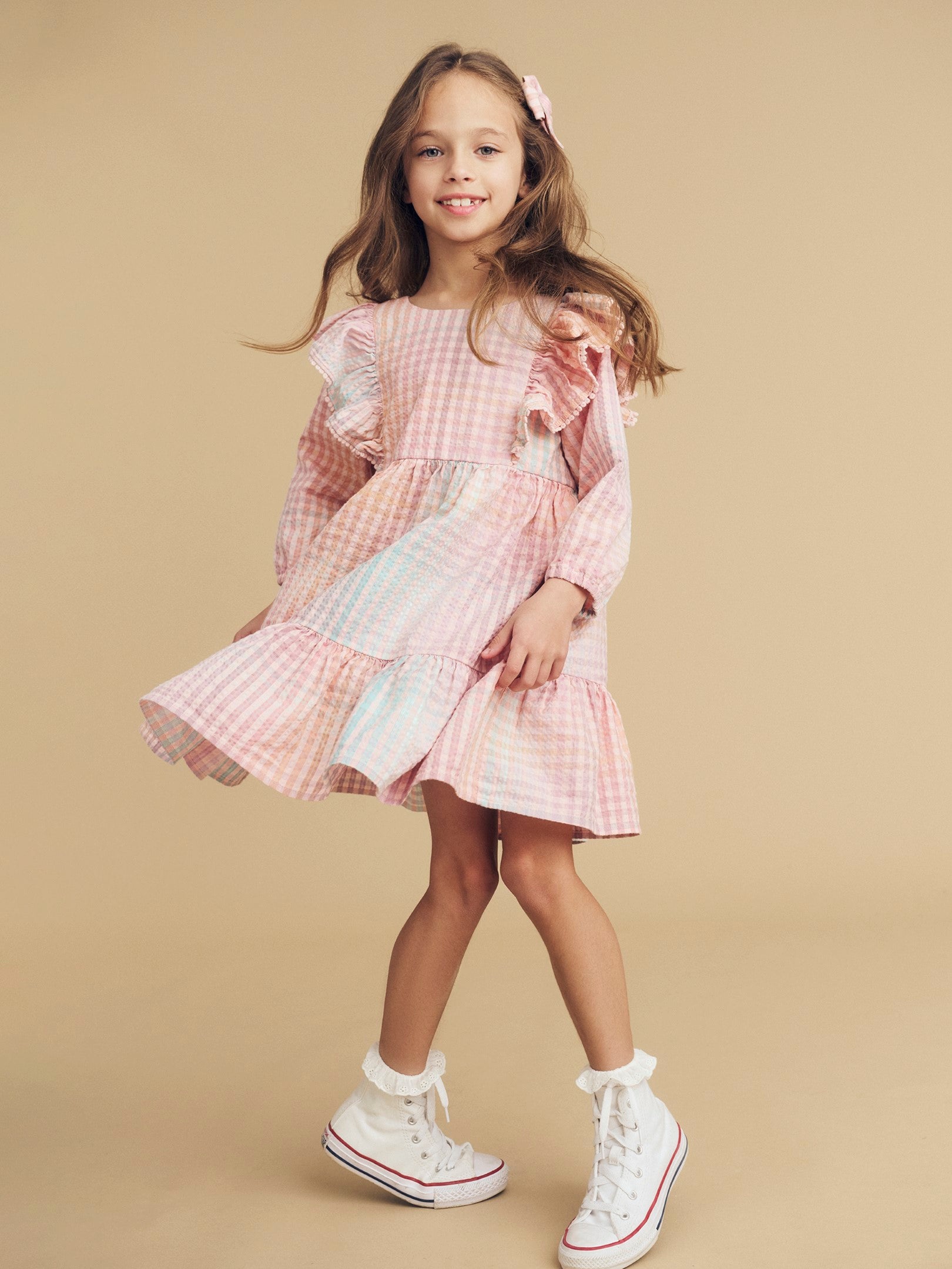 Huxbaby Frill Long Sleeve Dress Rainbow Check Daisy and Hen