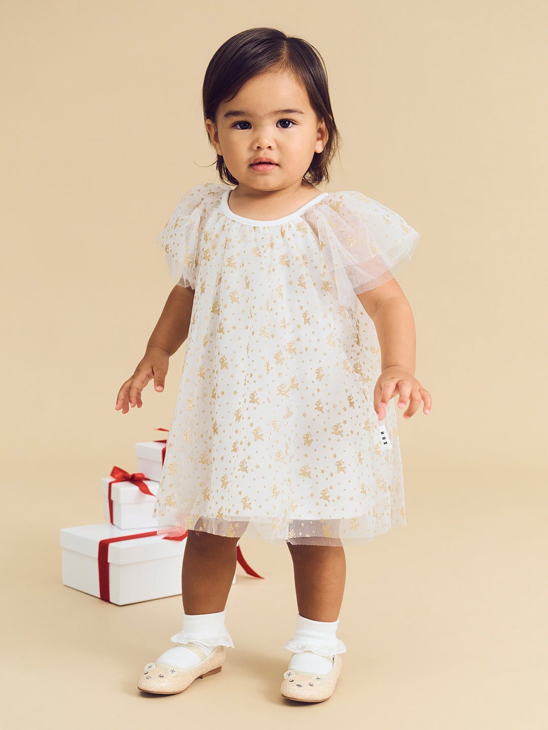 Huxbaby Christmas Reindeer Tulle Dress - White