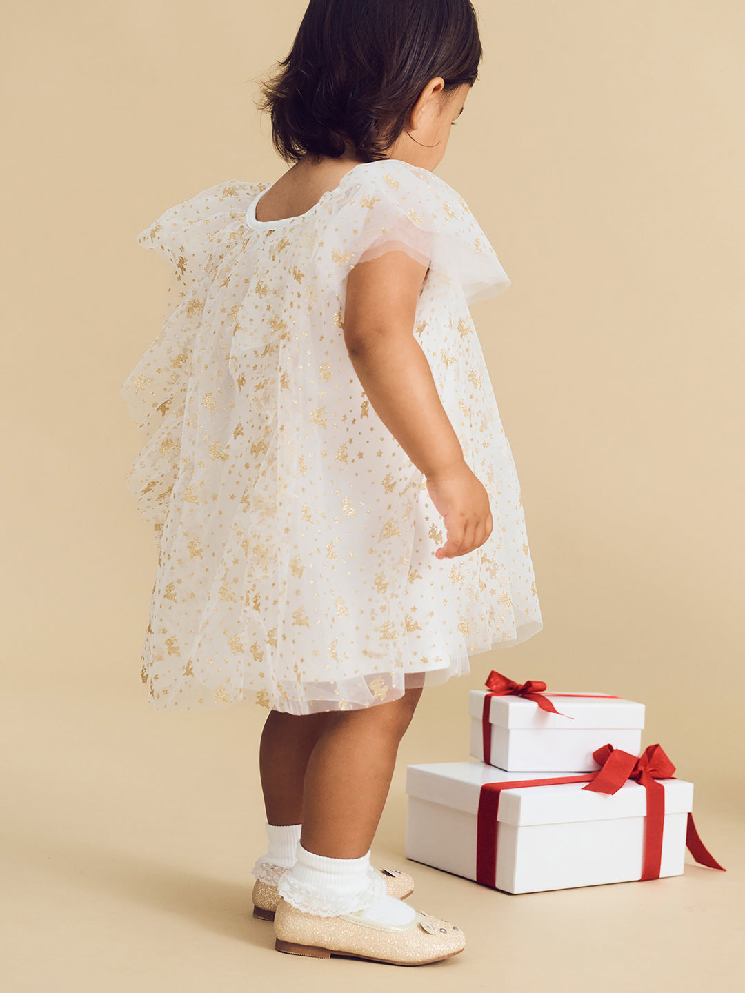 Huxbaby Christmas Reindeer Tulle Dress - White