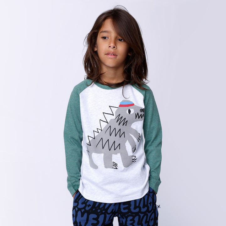 Minti Sporty Dino Tee - White Marle/Forest Marle