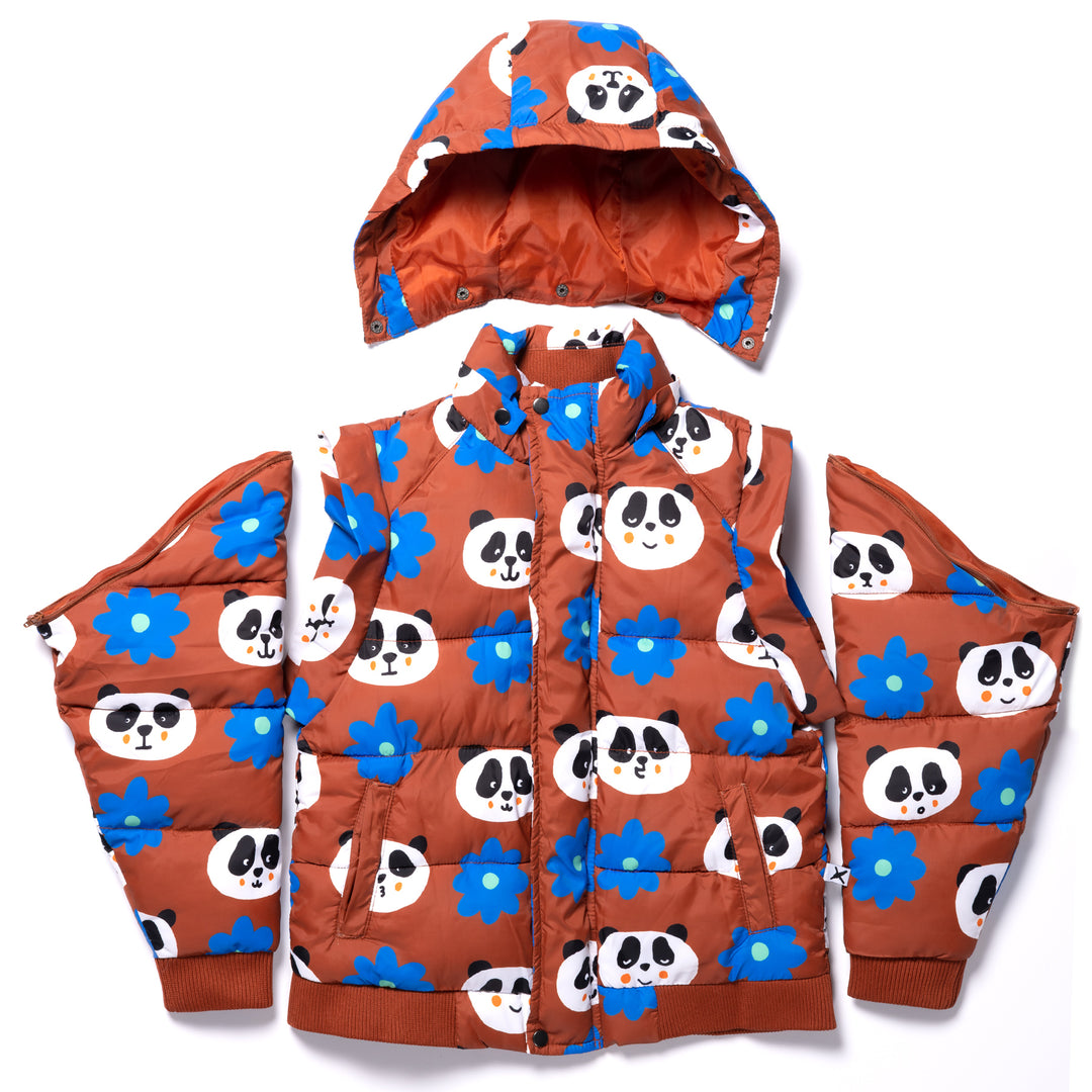 Minti Flowers And Pandas Puffa Jacket - Warm Orange