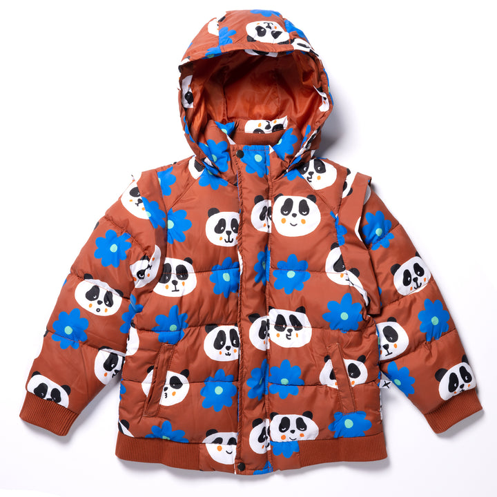 Minti Flowers And Pandas Puffa Jacket - Warm Orange