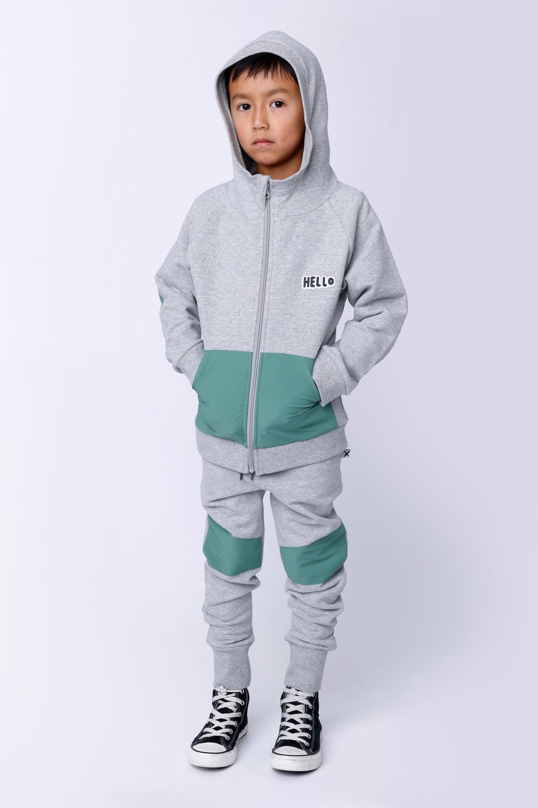 Minti Nylon Patch Furry Trackies - Grey Marle/Green