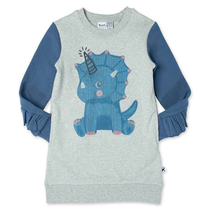 Minti Magical Dino Furry Dress - Grey Marle/Navy