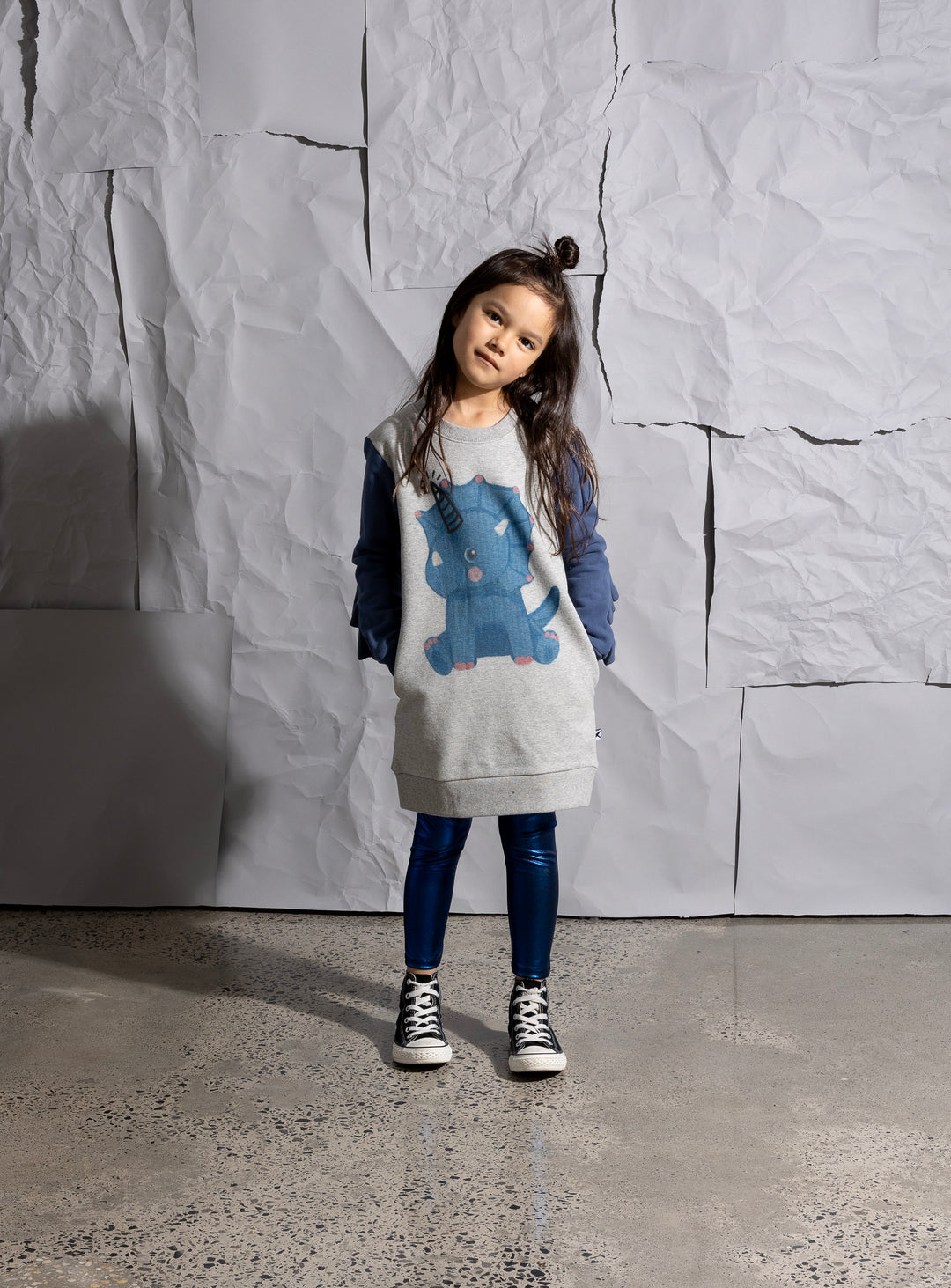 Minti Magical Dino Furry Dress - Grey Marle/Navy